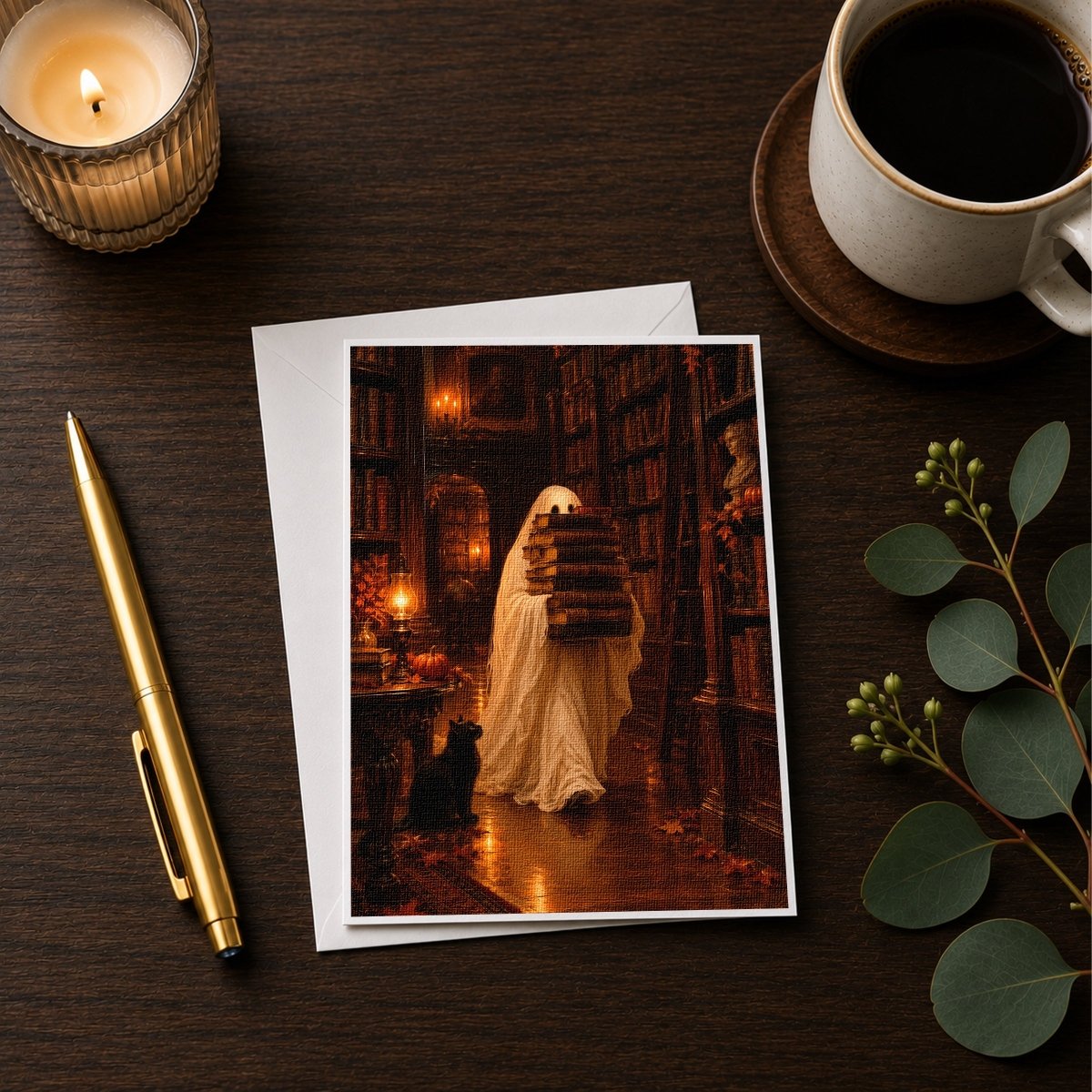 Ghost with book stack Halloween note card styled with a candle on a wooden desk