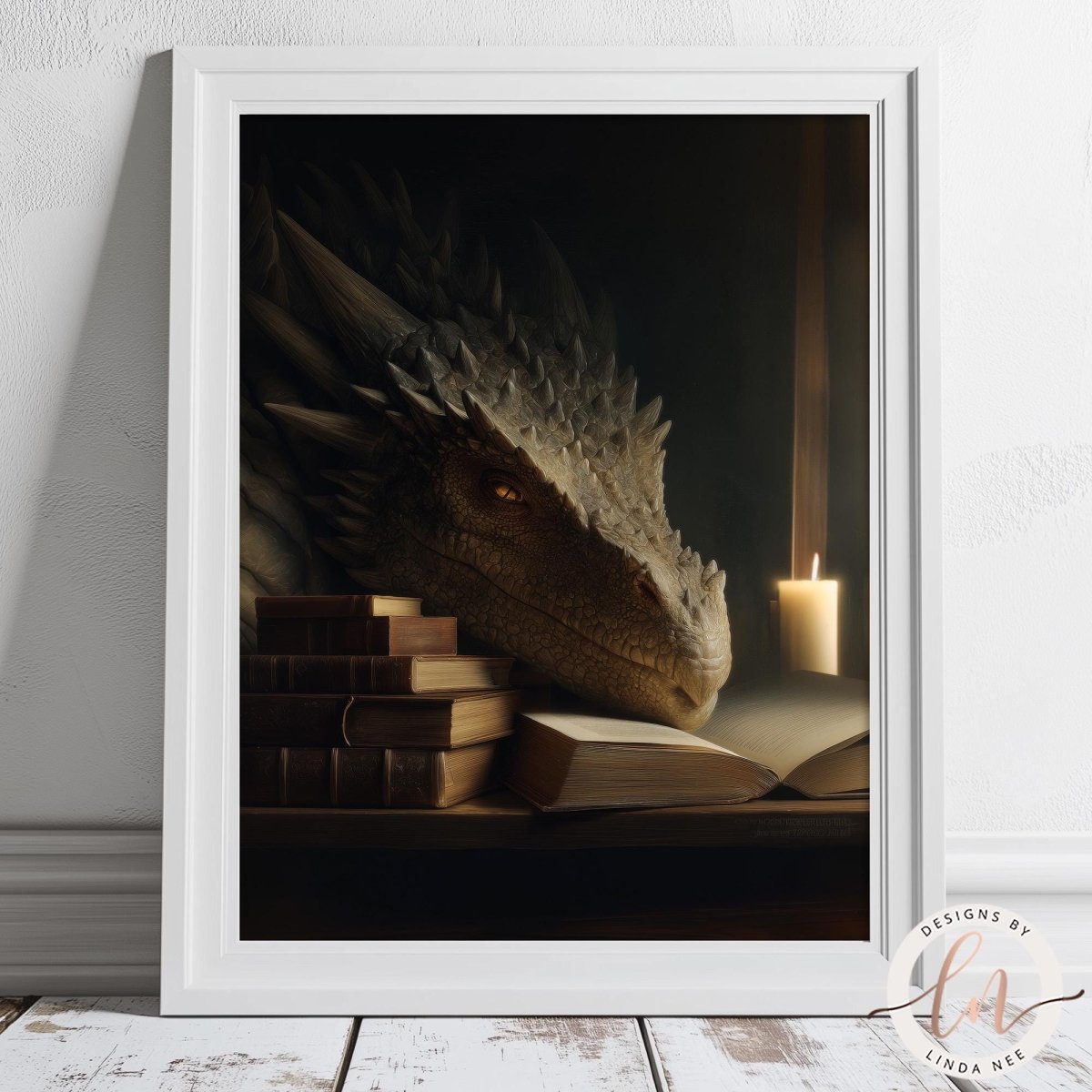 A framed image depicting a large, spiky dragon head resting on a stack of books, with a lit candle in the background.