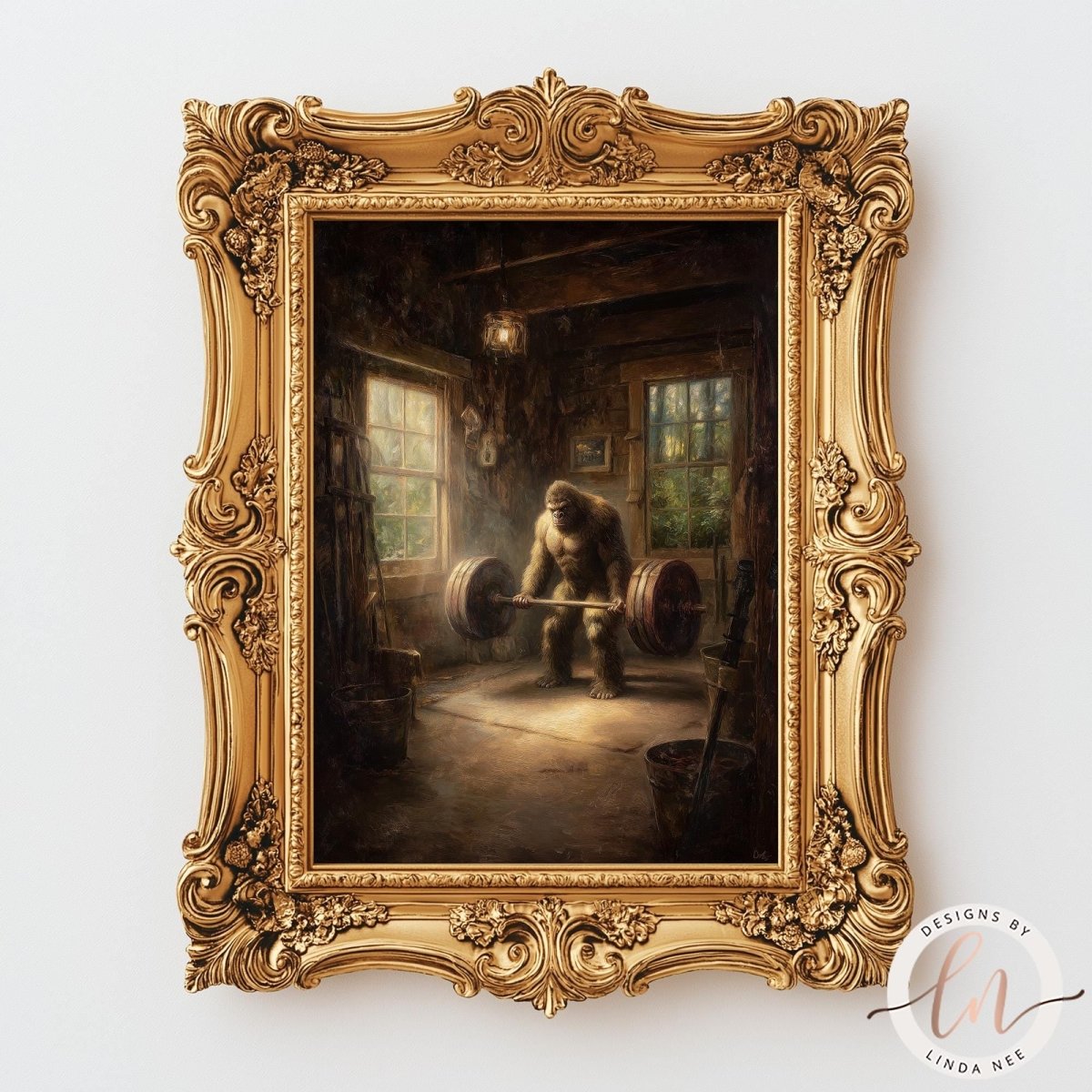 The image is a painting of a person lifting a barbell in a gym setting, with a large, ornate gold frame surrounding the artwork.