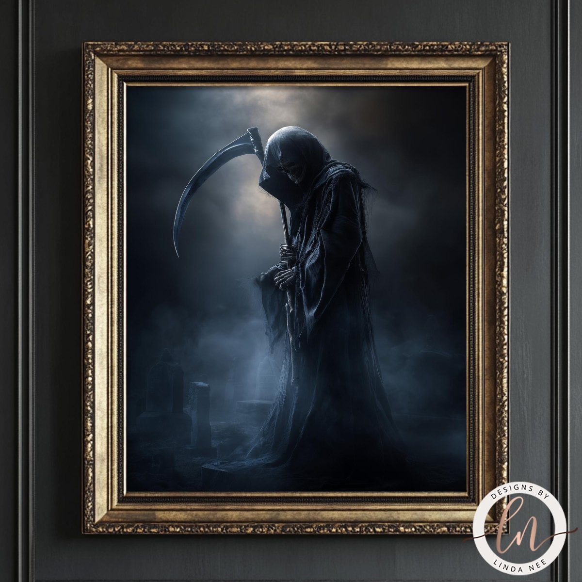 a dark, ominous figure with a long, ominous staff, standing in a foggy, atmospheric setting.