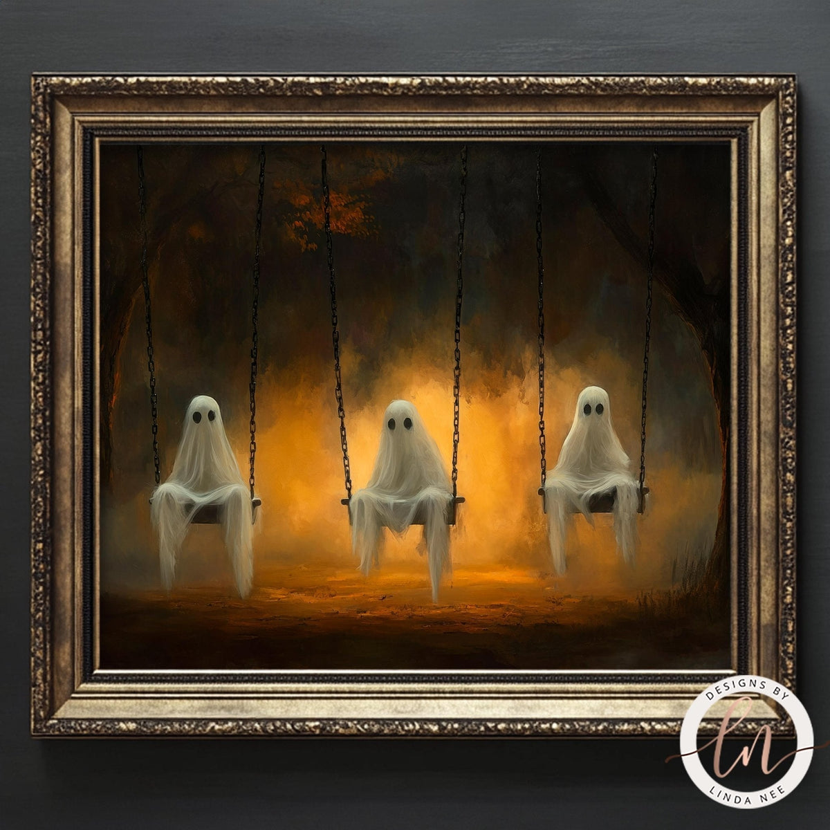 three ghostly figures sitting on swings in a dark, mysterious forest setting.