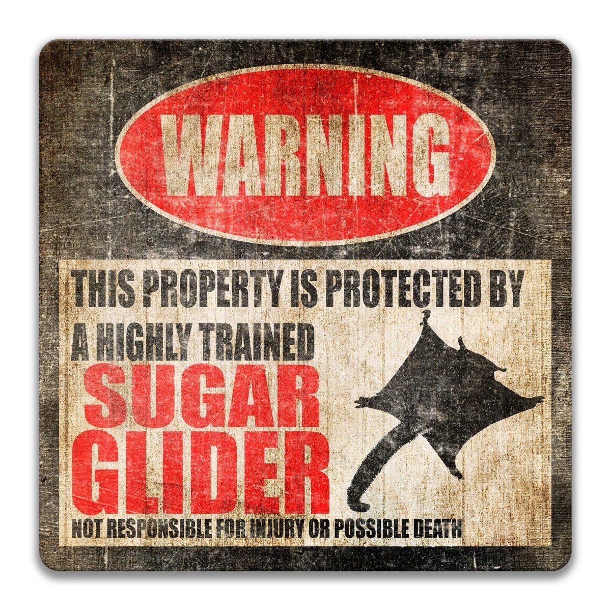 Sugar Glider warning sign, red WARNING banner and large sugar glider silhouette, funny Sugar Glider lover gift, aluminum with rounded corners