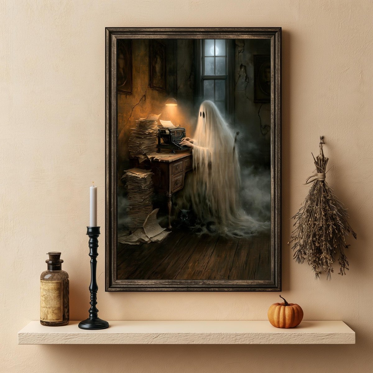 Ghost writer art print displayed above a shelf with a candle and bottle
