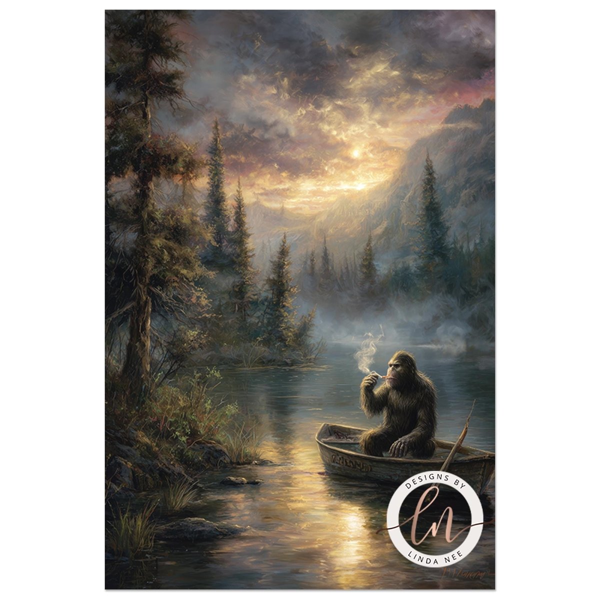 A painting depicting a Bigfoot sitting in a boat on a river, surrounded by a forest and a dramatic sky with clouds and a sunset.
