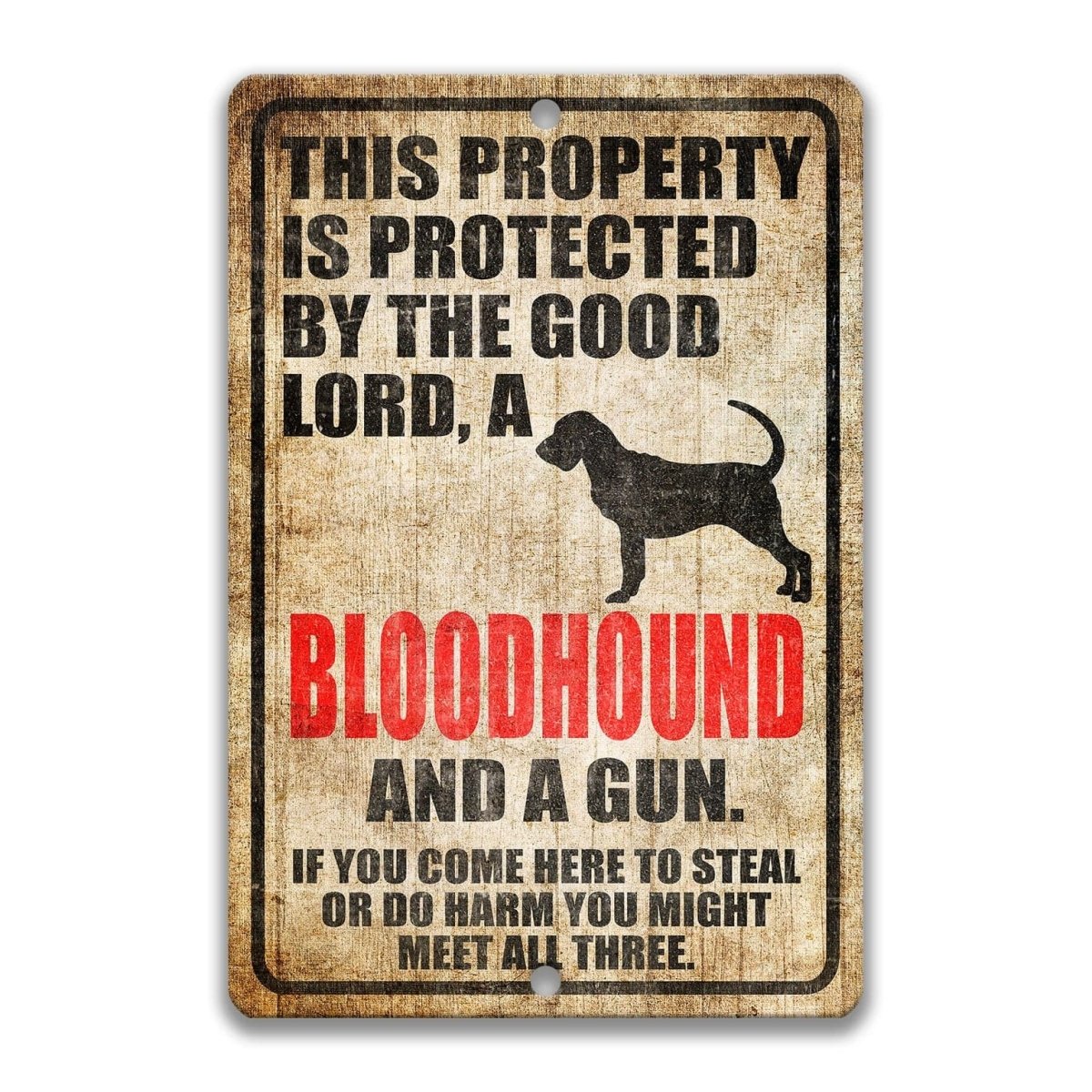The image is a sign that reads "This property is protected by the good Lord, a Bloodhound and a gun. If you come here to steal or do harm, you might meet all three."