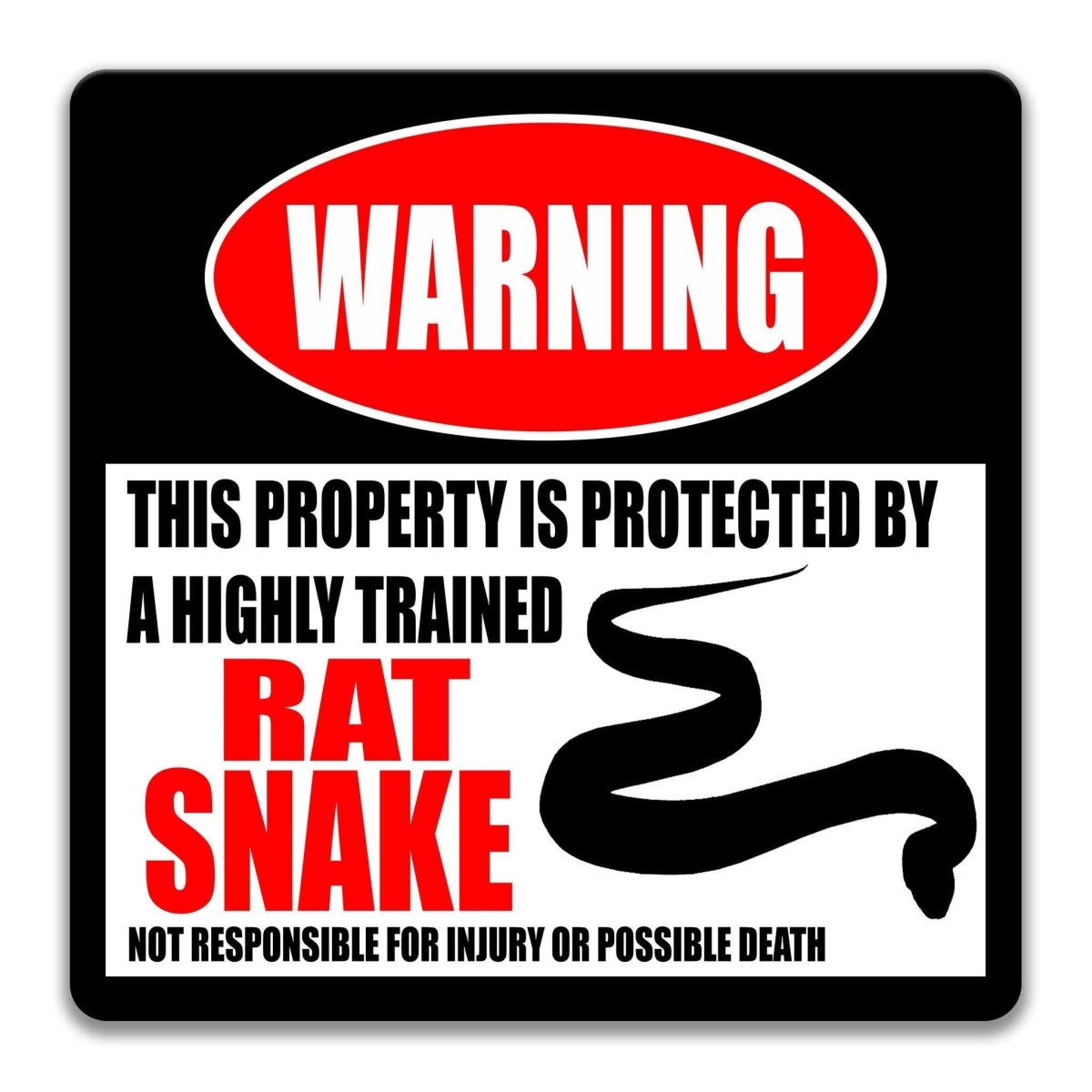 Rat Snake warning sign, red WARNING banner and large rat snake silhouette, funny Rat Snake lover gift, aluminum with rounded corners