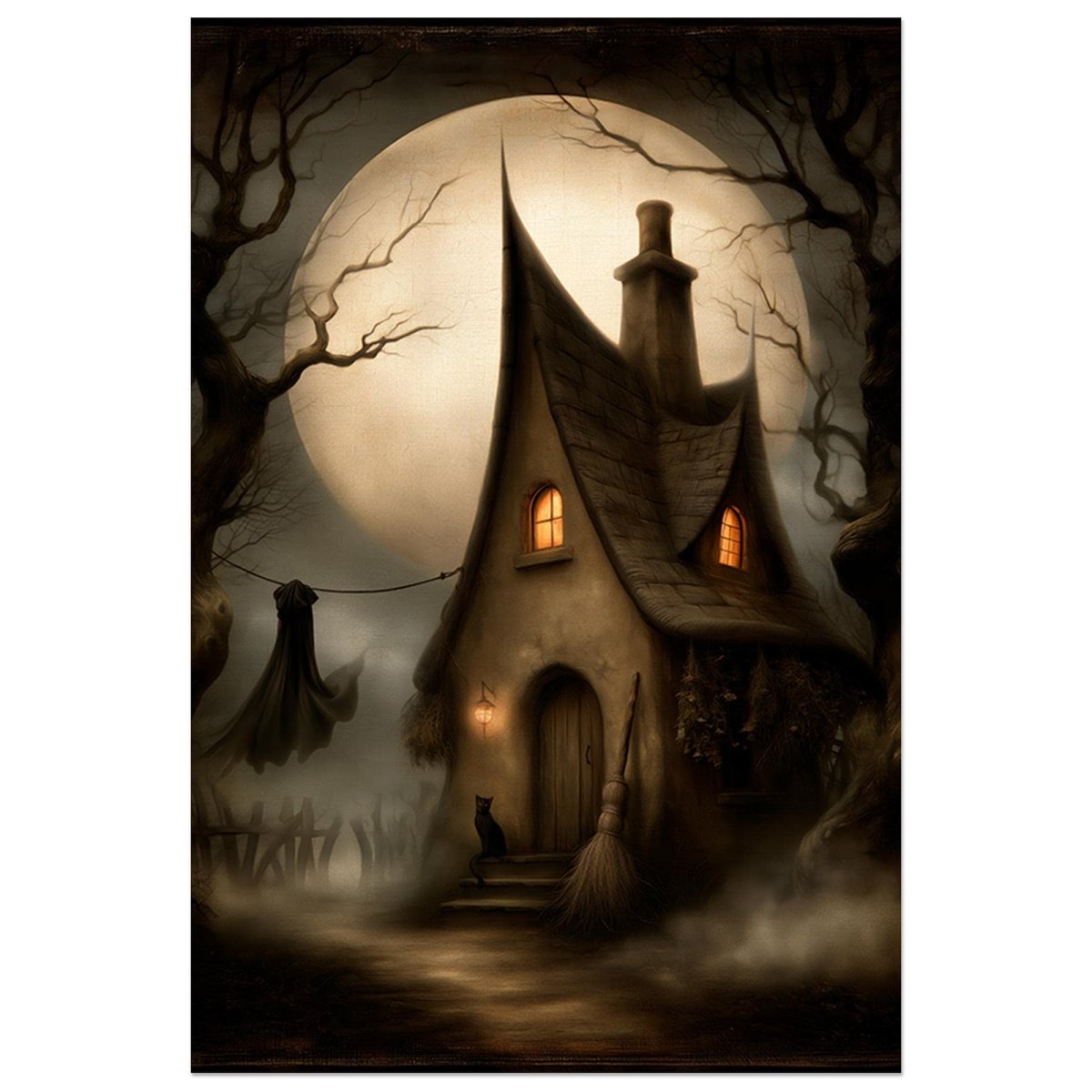Old cottage silhouetted against an enormous moon in drifting fog