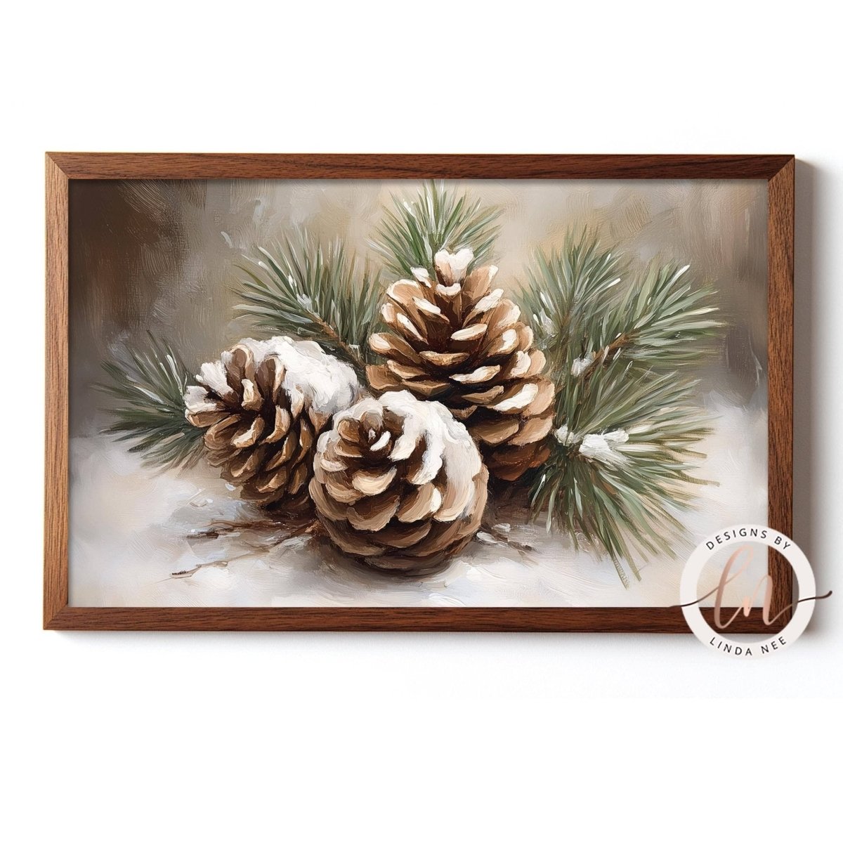 Close view of snow covered pine cones clustered among evergreen needles