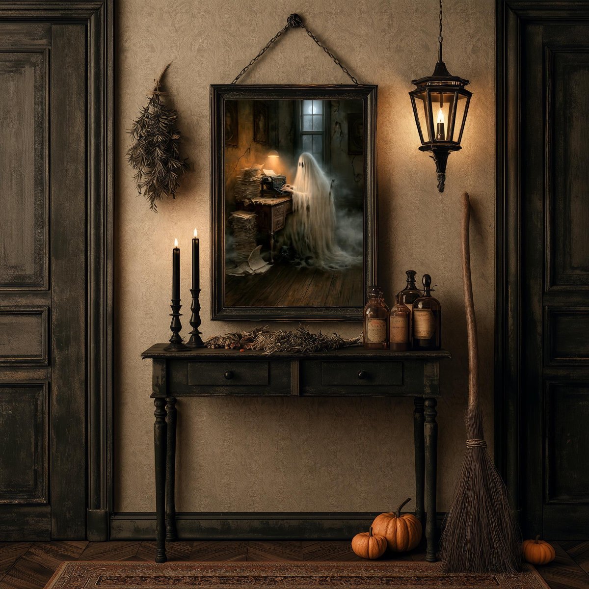 Ghost writer art print with a candlelit table, bottles, and a broom