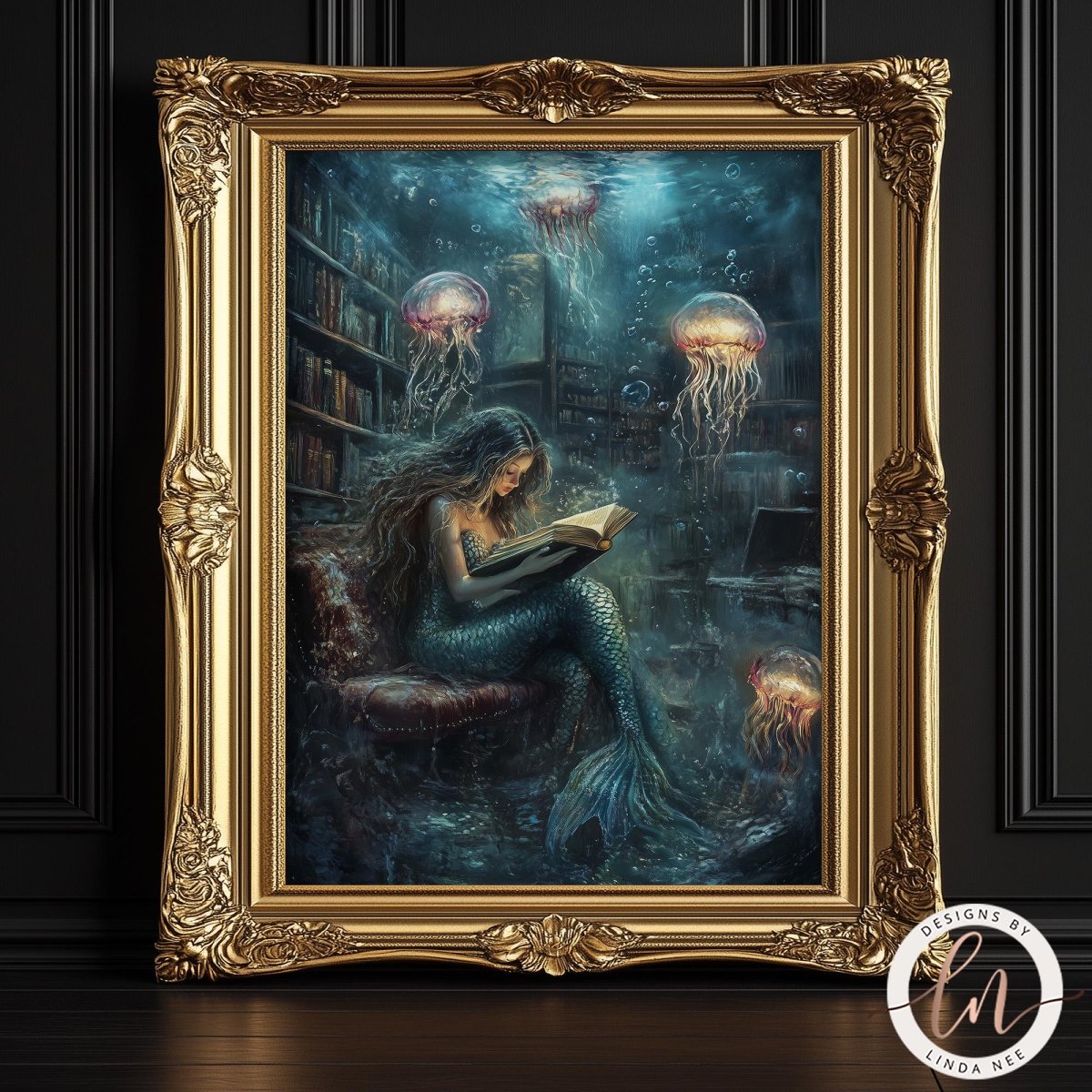 A mermaid is reading a book while surrounded by jellyfish in a fantastical underwater scene, all framed within an ornate gold frame.