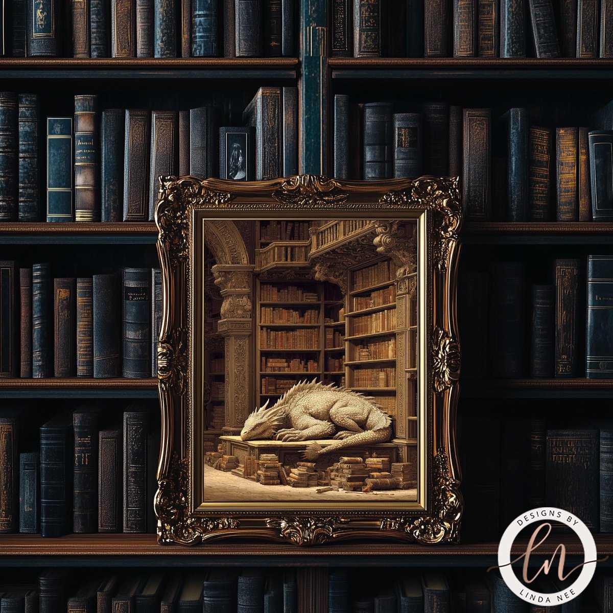 a large, ornate gold frame containing a painting of a sleeping dragon. The frame is set against a backdrop of a bookshelf filled with numerous books.