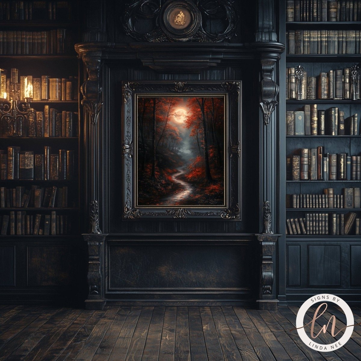 Autumn forest print displayed in a room with a bookshelf