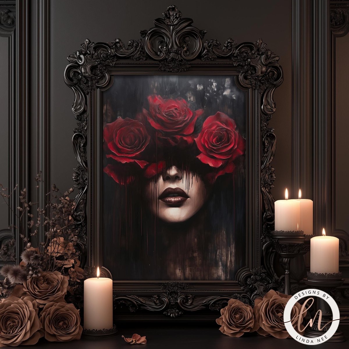 a dark, moody portrait of a woman with red roses covering her face, set against a dark background. The portrait is framed in an ornate, black frame, and there are lit candles and dried flowers surrounding it, creating a romantic and atmospheric ambiance.