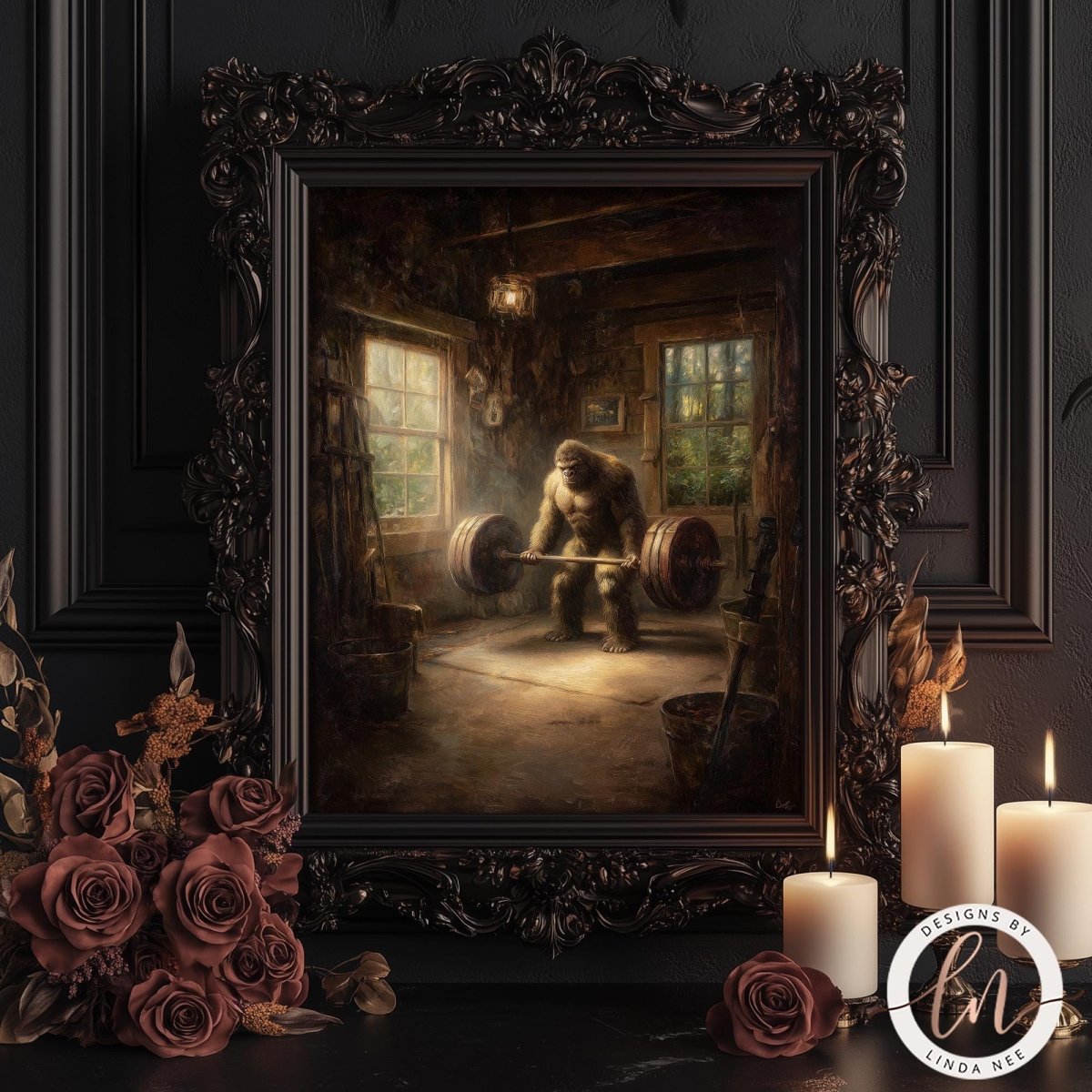 a painting of a gorilla lifting weights in a gym, surrounded by candles and flowers.