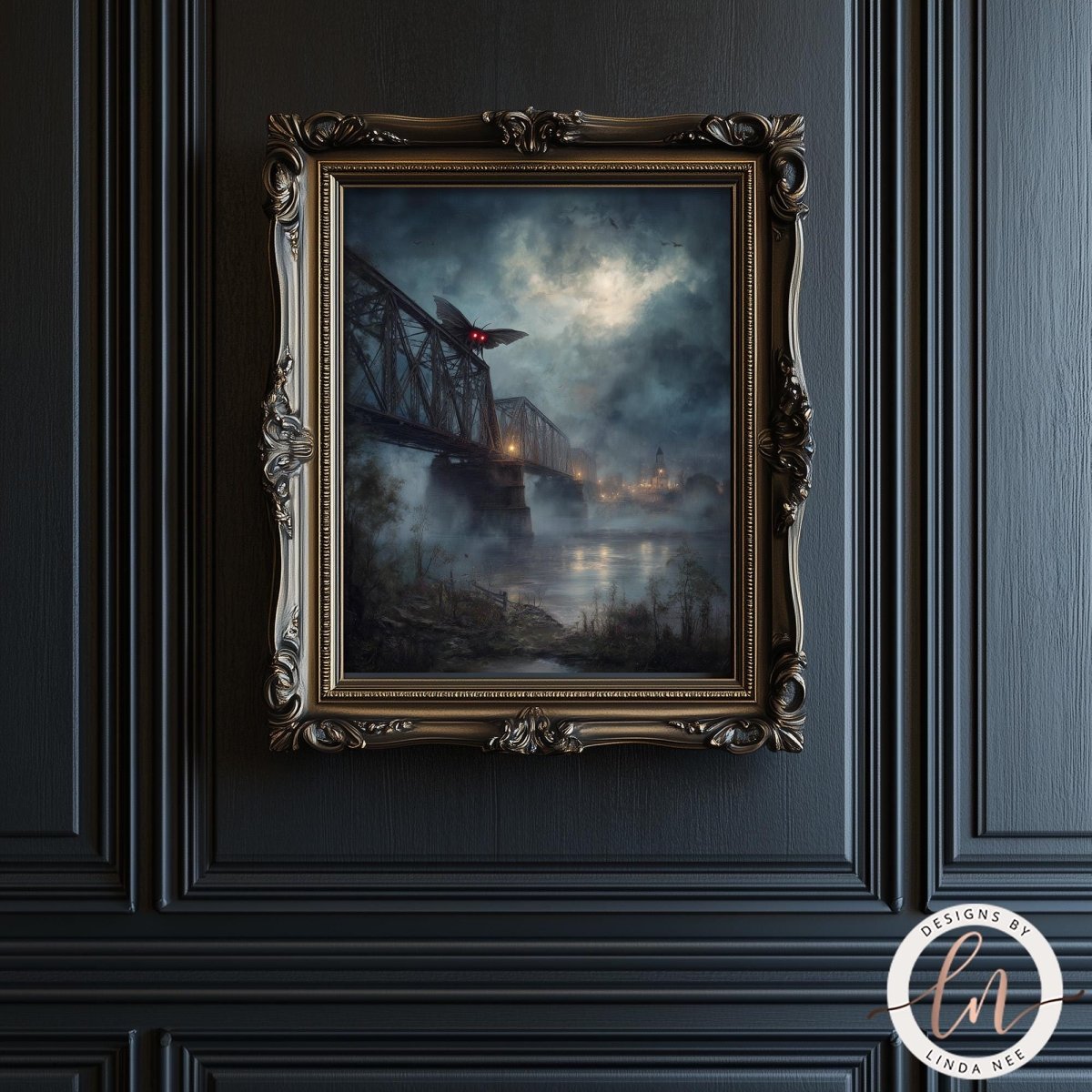 The image is a painting of a bridge with a butterfly flying over it, set against a dark, moody background.