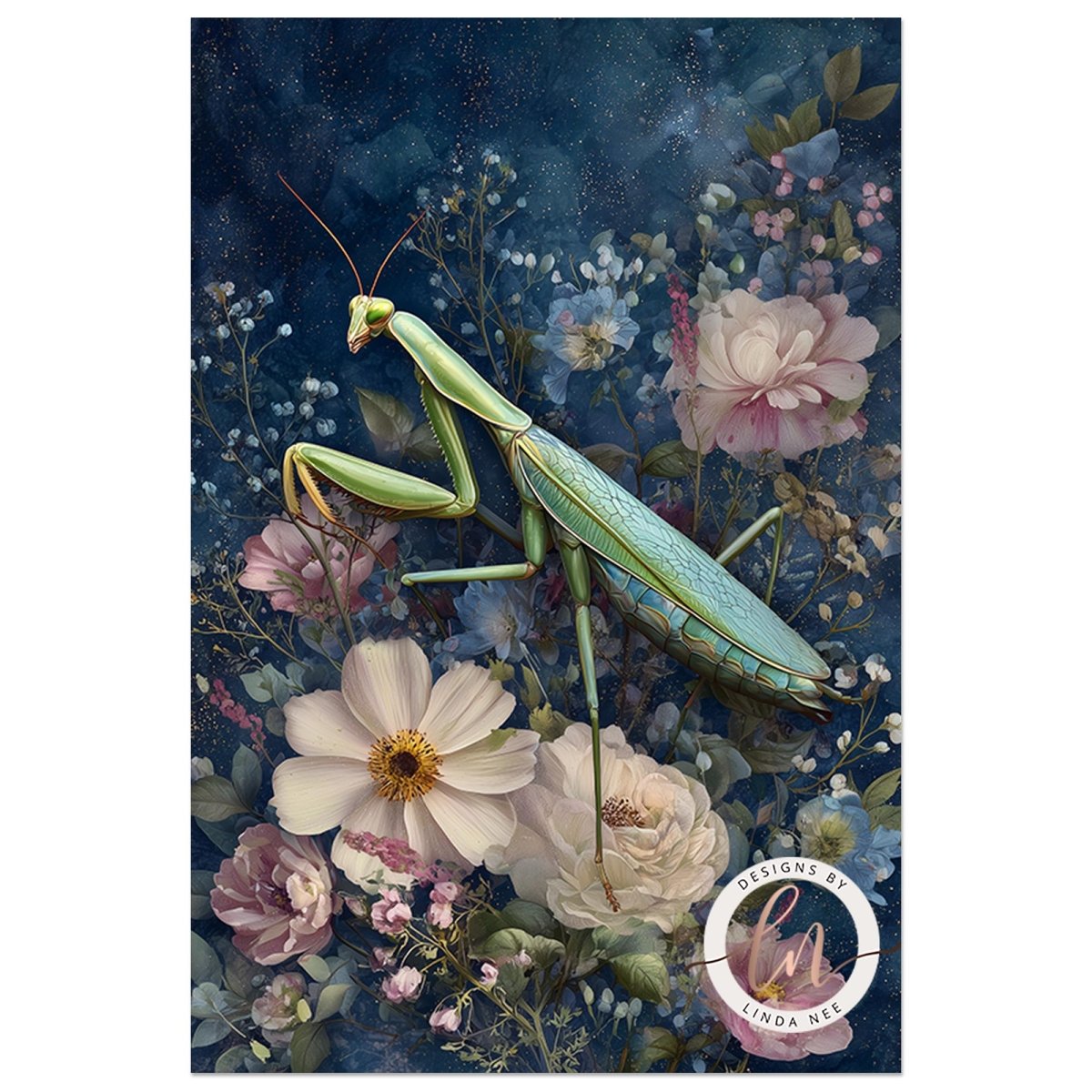 A green praying mantis is perched on a bed of colorful flowers, including pink and white blooms, against a dark blue background with stars.