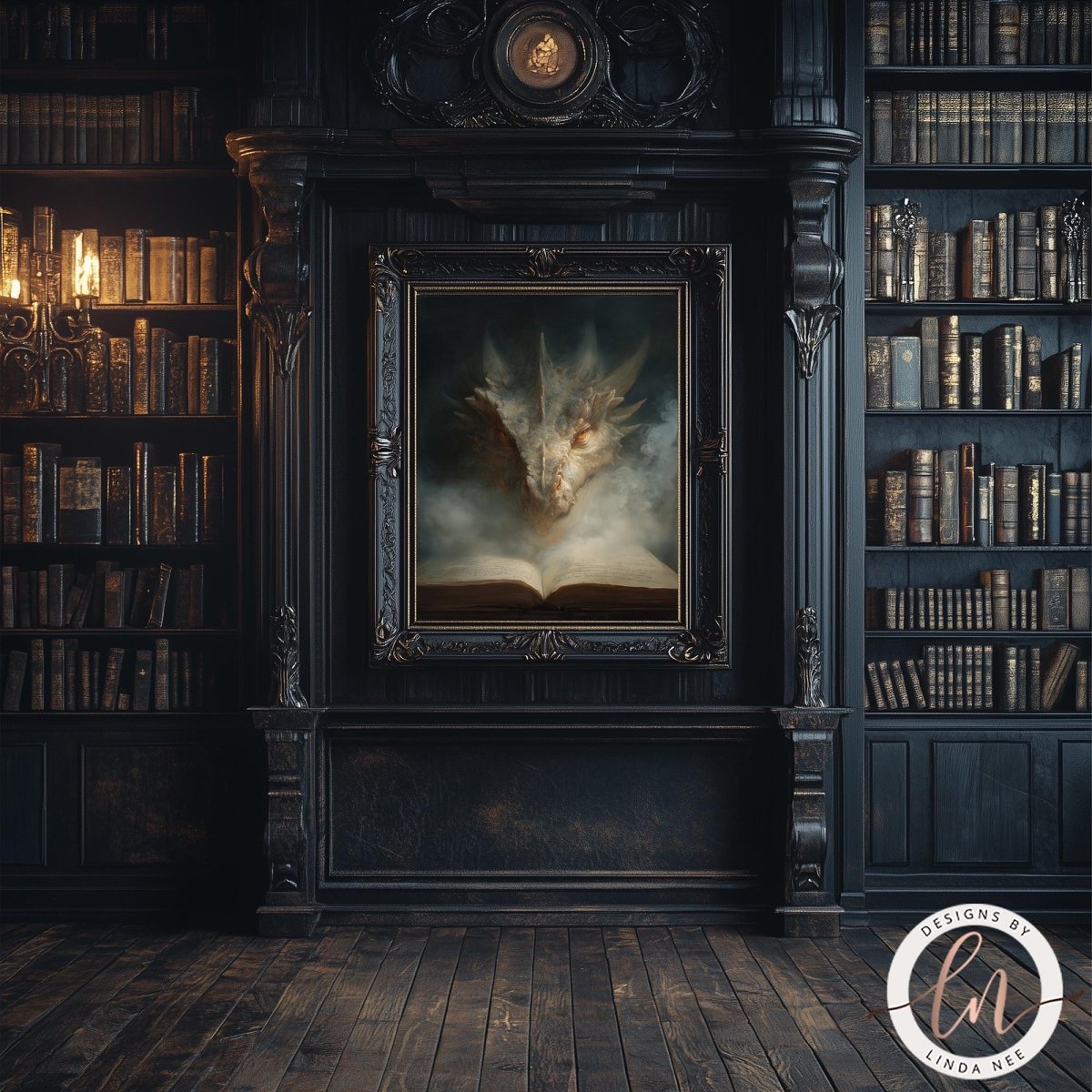 a dark, ornate room with a large bookshelf filled with books, a framed painting of a dragon, and a chandelier hanging from the ceiling.