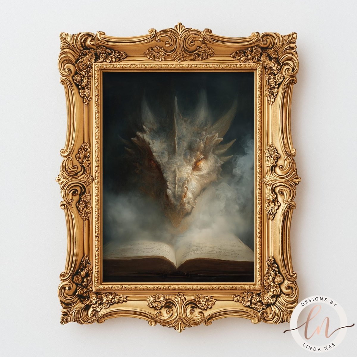 a painting of a dragon with an open book in the background, displayed in an ornate gold frame.