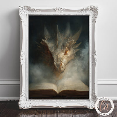 A framed painting depicting a large, ornate dragon with a glowing eye and a book with an open page in front of it, set against a dark, mysterious background.