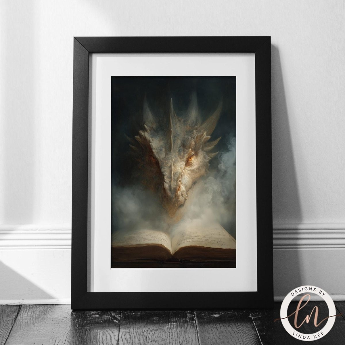 a framed artwork depicting a dragon's head emerging from an open book, surrounded by smoke.