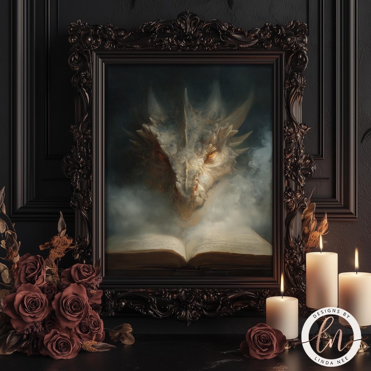 a large, ornate frame containing a painting of a dragon's face, with a book and candles placed in front of it.