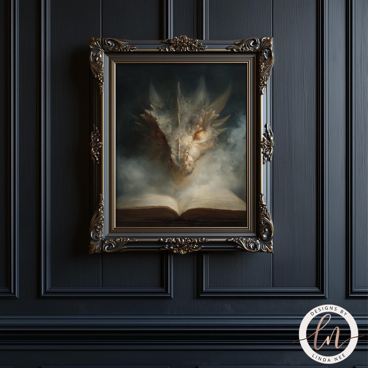 a painting of a dragon with an open book in the background, hanging on a dark wall.