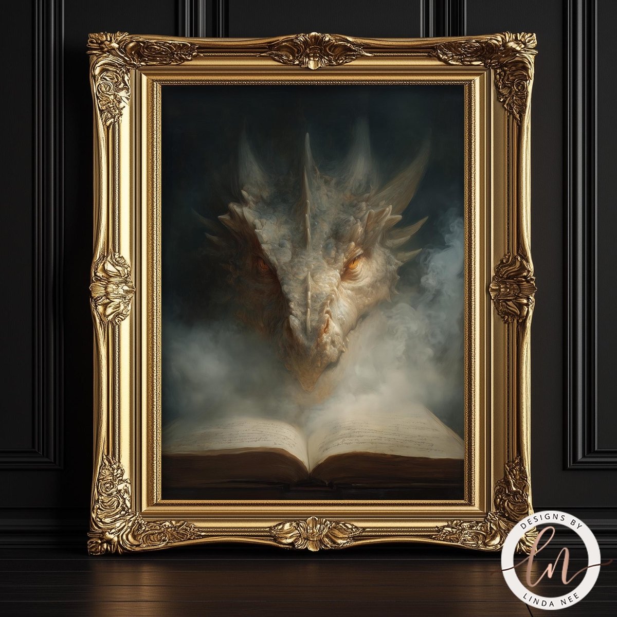 a large, ornate gold frame containing a painting of a dragon's head emerging from an open book.