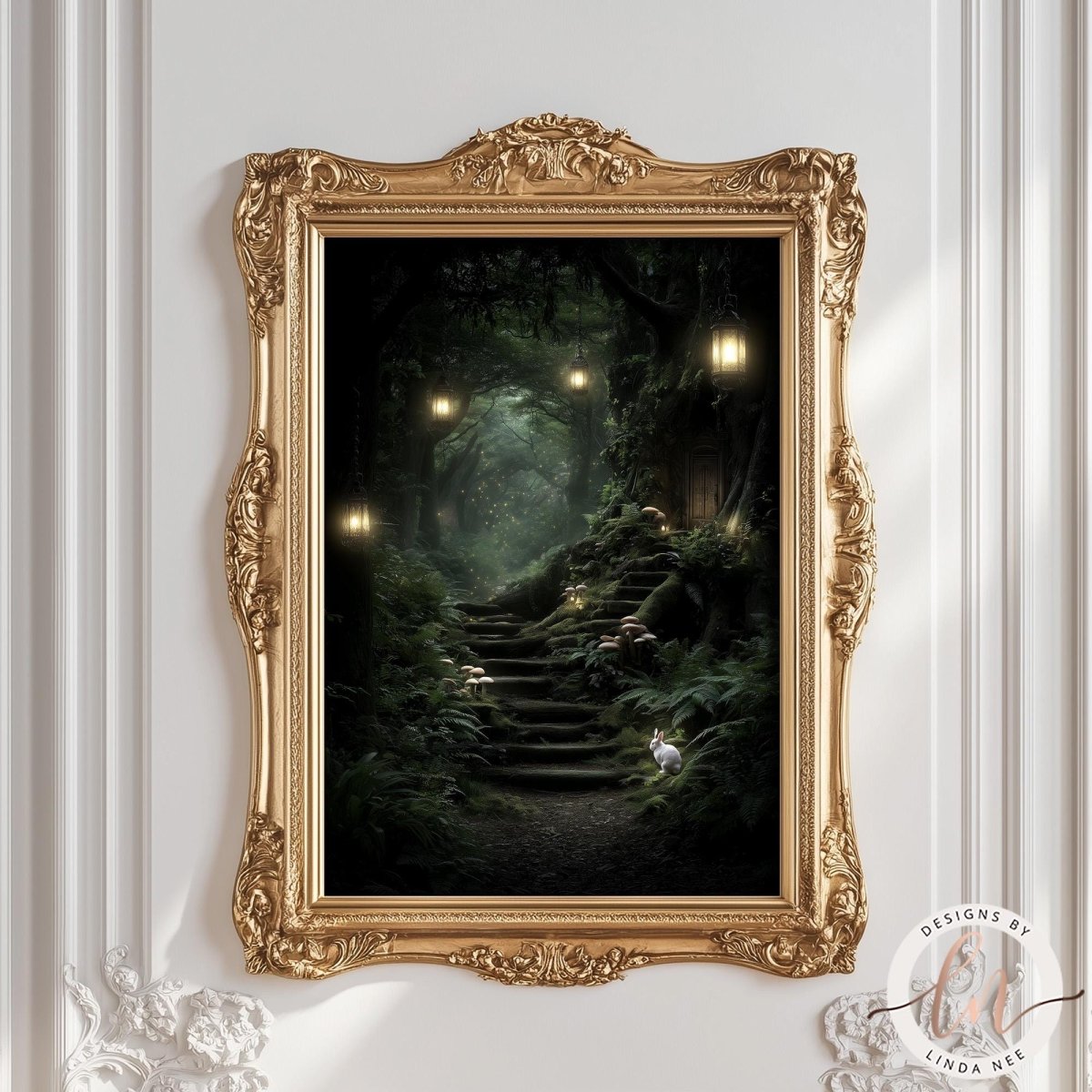 The image is a framed painting depicting a lush, green forest with a winding path leading up to a set of stairs.