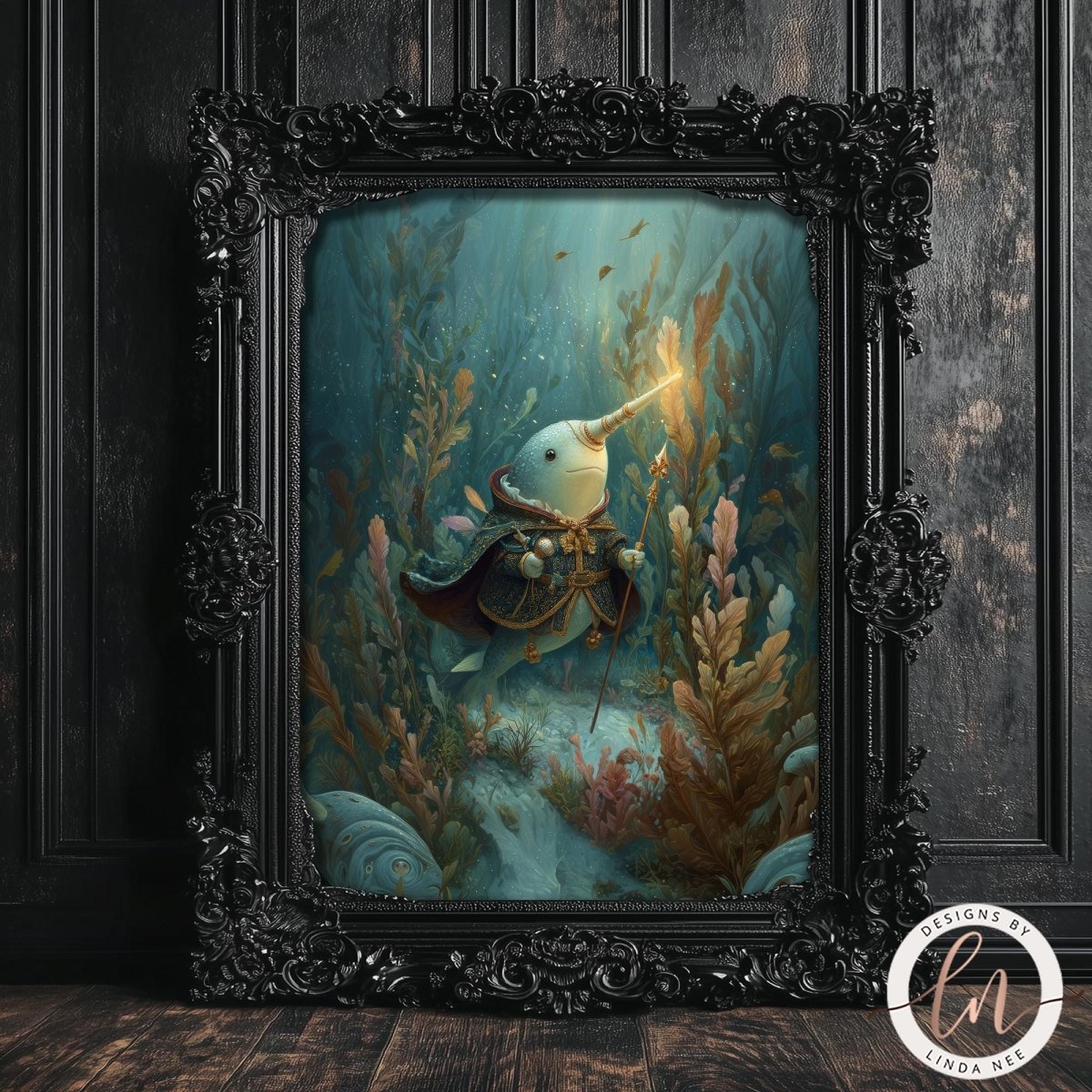 The image is a framed painting depicting a fantastical scene with a creature resembling a mermaid or sea witch, surrounded by vibrant underwater flora and fauna.
