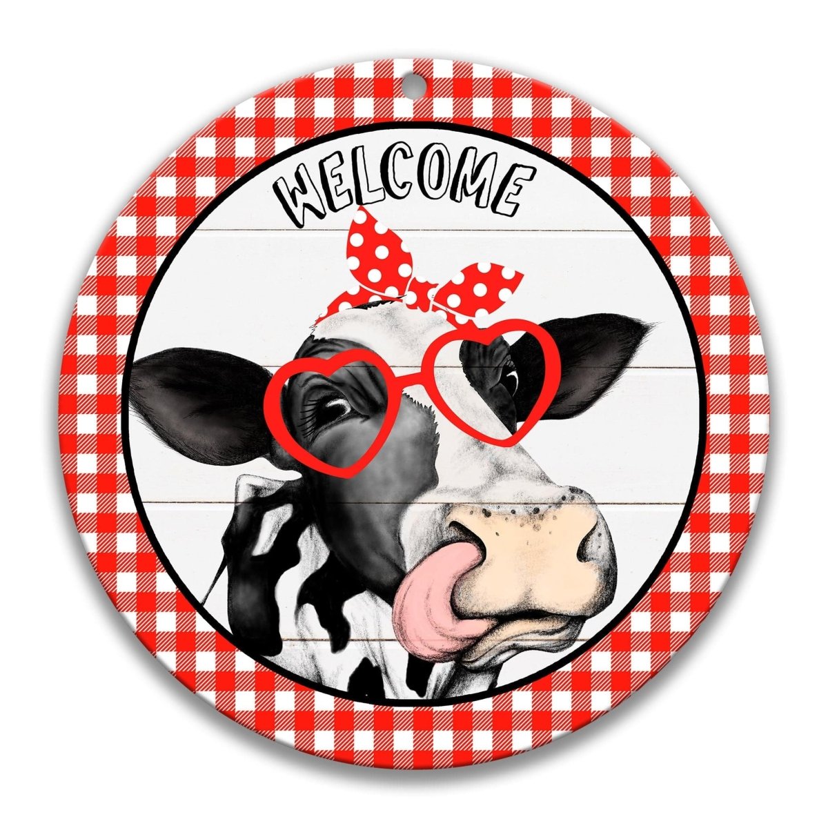 Welcome Red Heifer Wreath round metal sign, red heifer with farmhouse welcome design