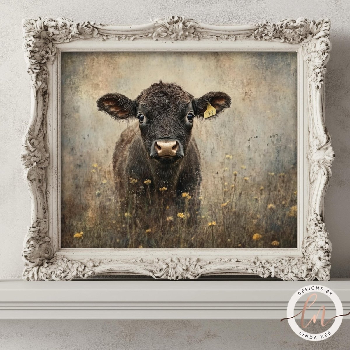 A framed painting of a cow in a field of flowers, with a decorative white frame.