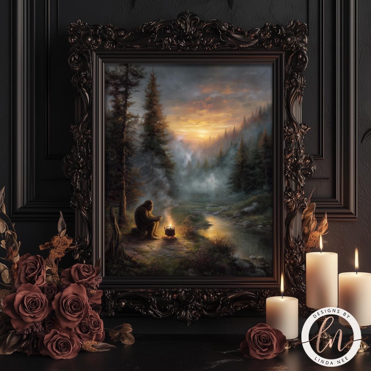 Fine art by Linda Nee featuring Bigfoot seated beside a glowing campfire in a misty evergreen forest at sunset, drinking coffee near a quiet river with moody woodland atmosphere.