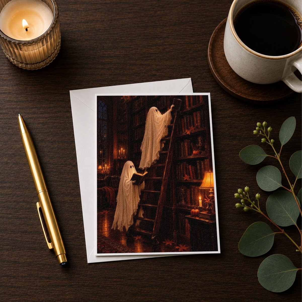 Haunted library Halloween note card styled with a candle, pen, and coffee cup on a wooden desk