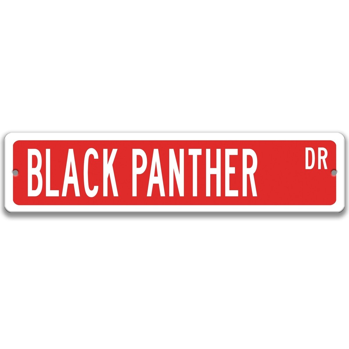 Black Panther metal street sign with a red background reading BLACK PANTHER DR
