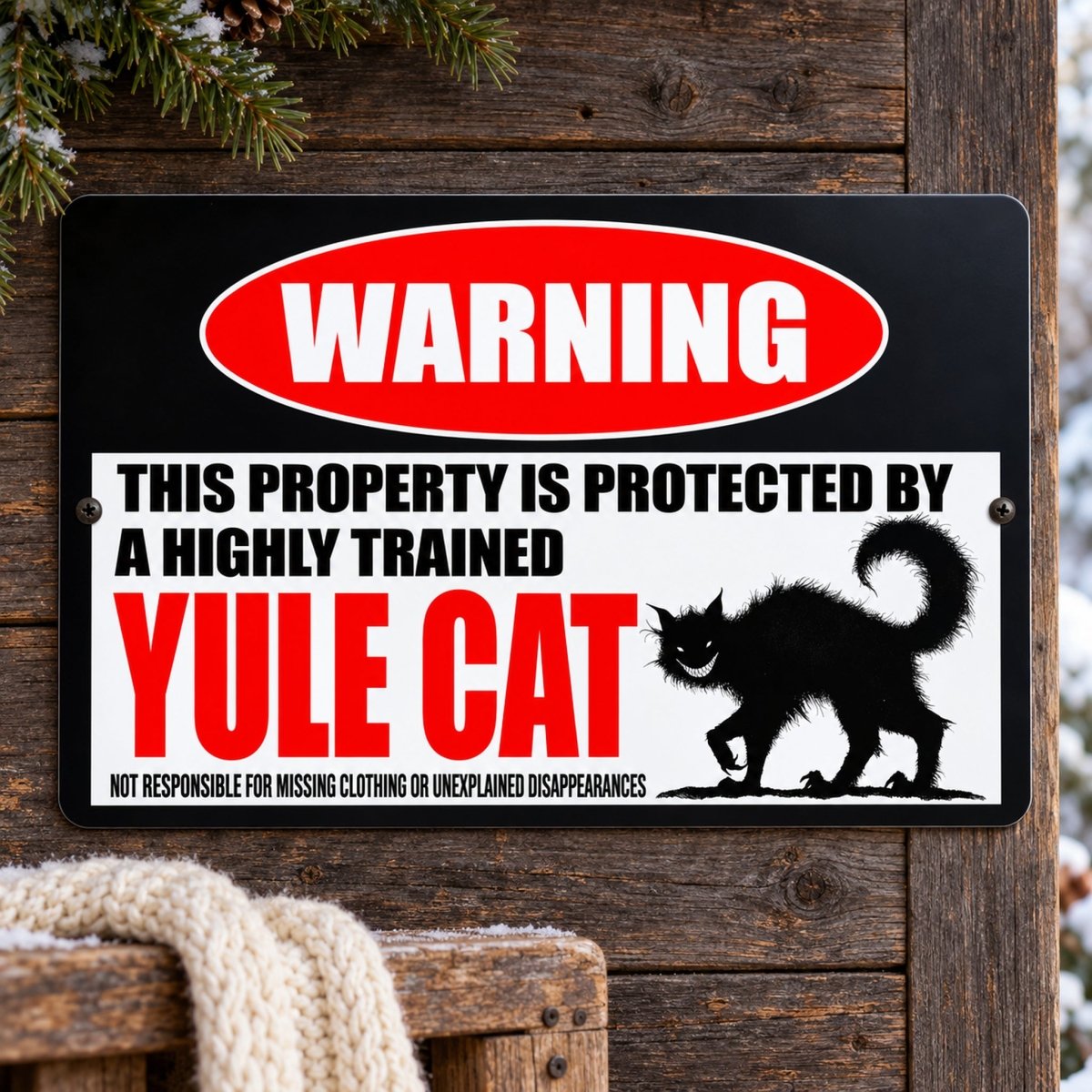 Yule Cat metal warning sign featuring a black cat from Icelandic Christmas folklore, guarding the property