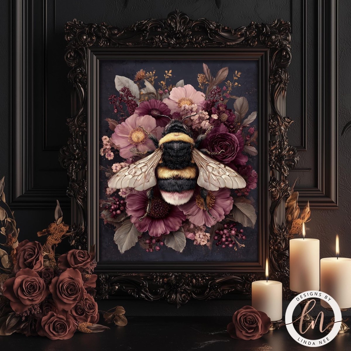 a framed painting of a bee surrounded by a vibrant floral arrangement, including roses and other flowers, set against a dark background. The painting is displayed in an ornate, gilded frame, and there are lit candles and a bouquet of roses in the foreground.
