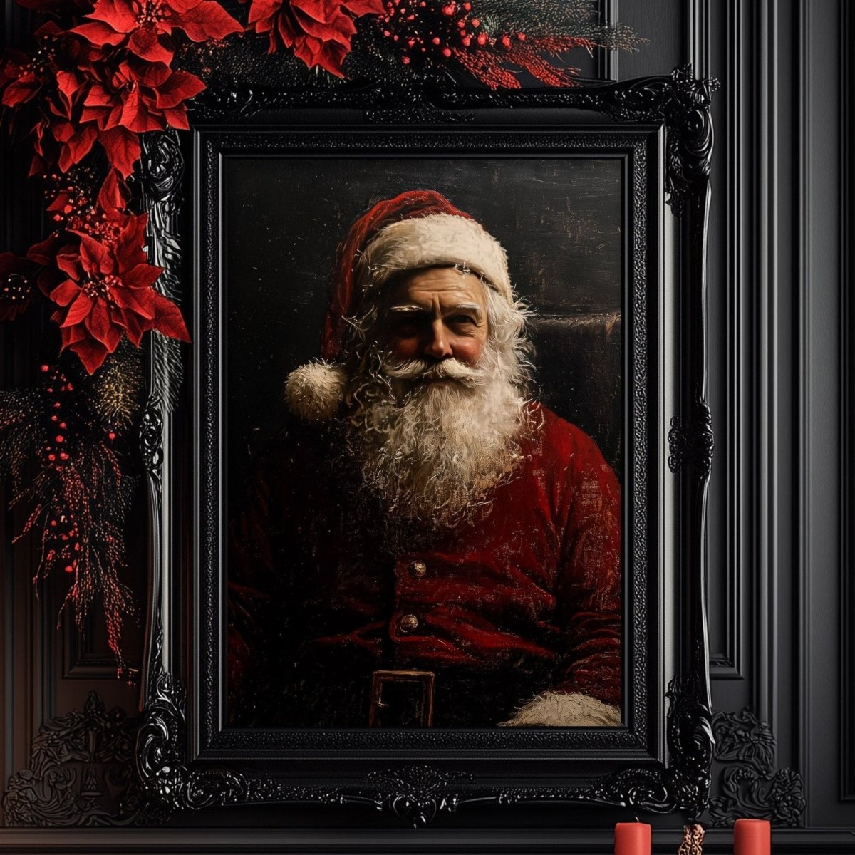 Old world Santa Claus portrait art print styled with red poinsettia flowers