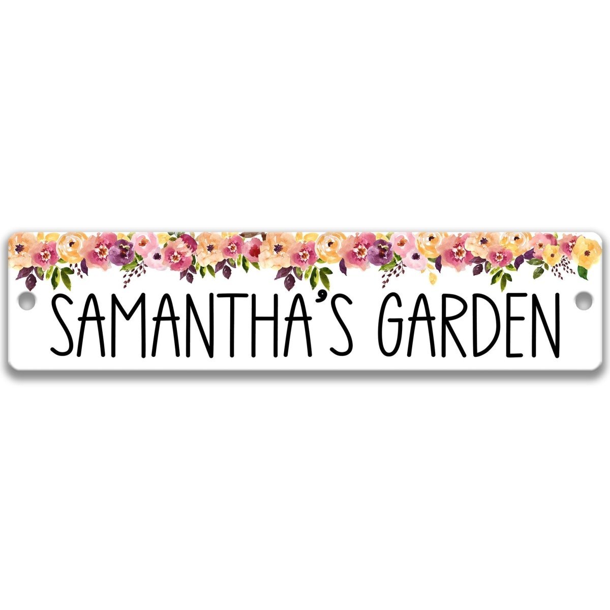 Personalized garden sign, distressed rustic finish, custom name with painted floral border, aluminum street-blade style