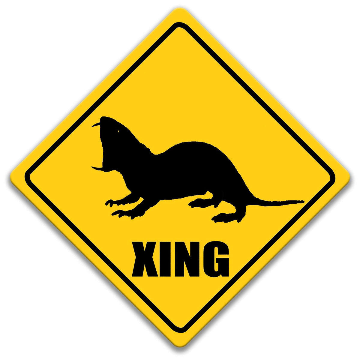 a yellow diamond-shaped sign with a black silhouette of a rat or mouse and the word "XING" written below it.