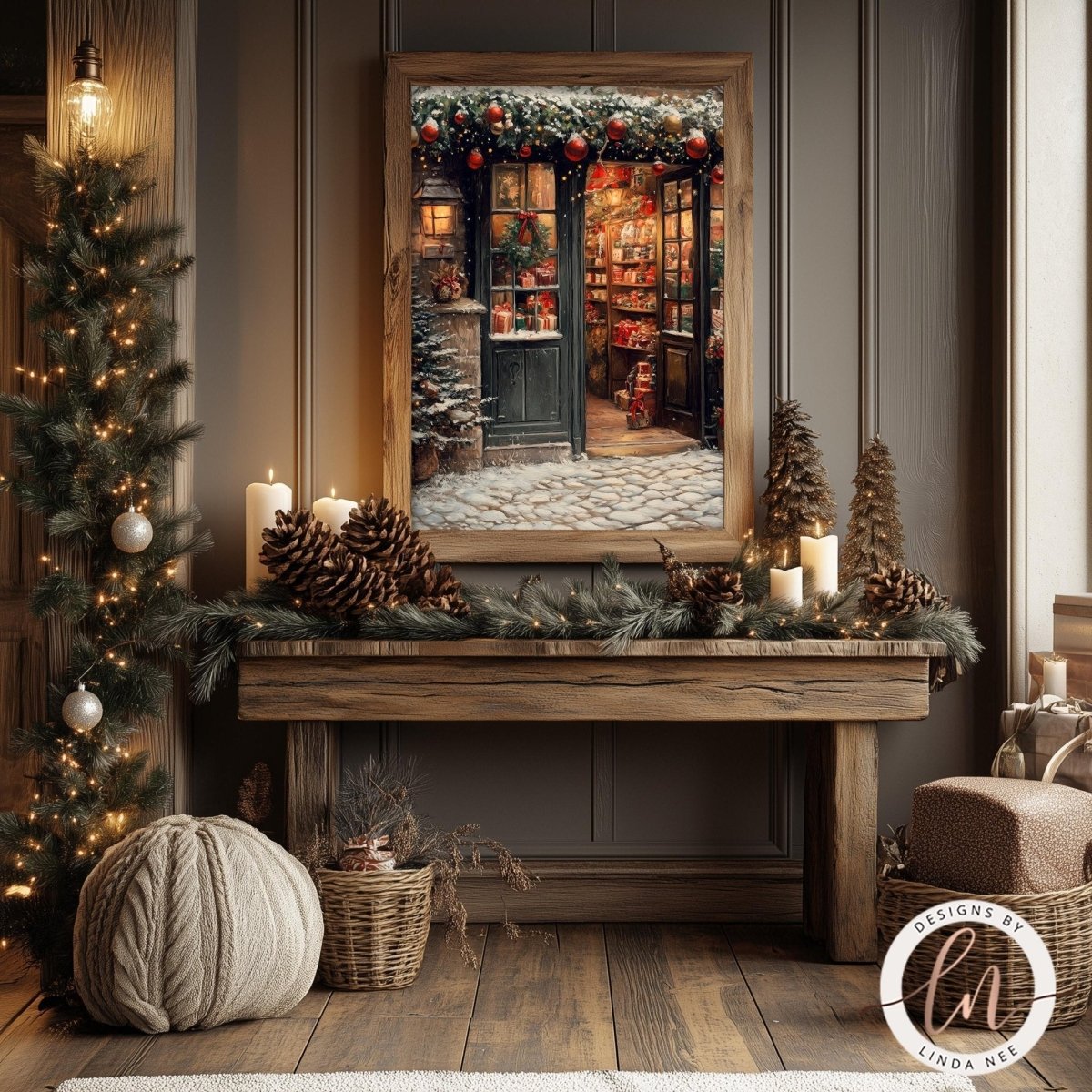 Decorated Christmas village shop print styled with pine cones and greenery