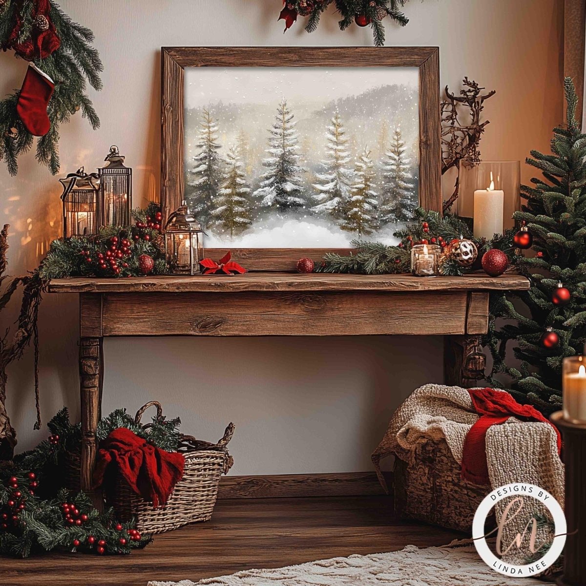 Foggy pine forest print styled with a lit candle and ornaments