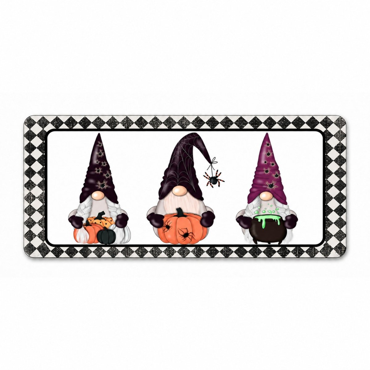 Three Halloween Gnomes 6x12 metal wreath sign with costumed gnomes holding pumpkins
