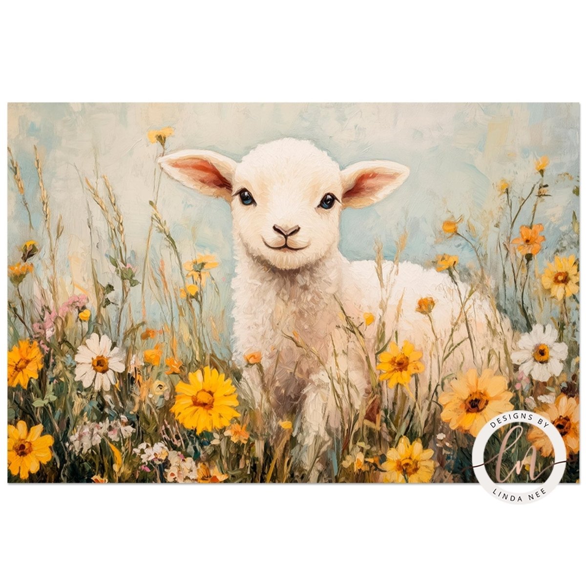 Young lamb in a pastel wildflower field with soft brushwork