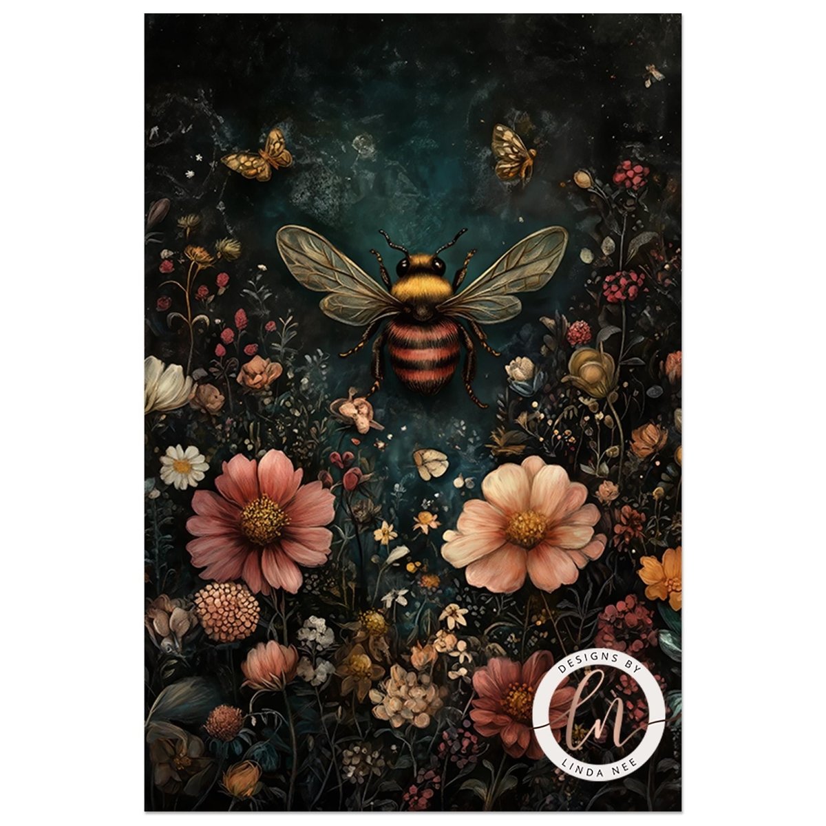 A vertical art print featuring a large honeybee surrounded by a dense field of flowers, including prominent pink and peach blossoms, set against a dark, starry night sky. The print is displayed on a white background.