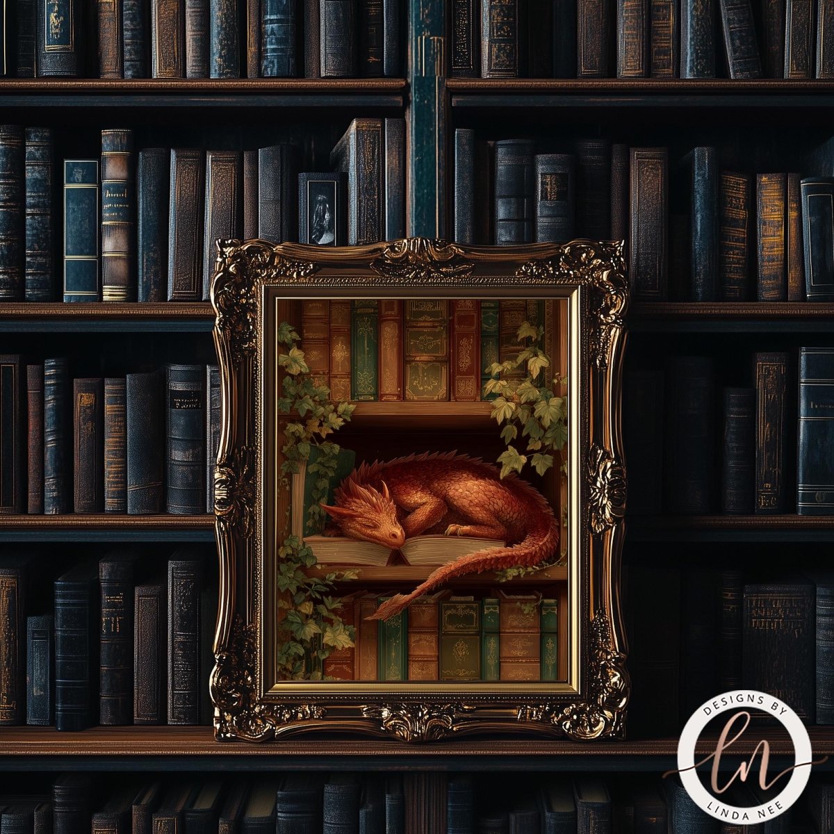 A framed painting of a dragon resting on a bookshelf, surrounded by books, is displayed in the center of the image.