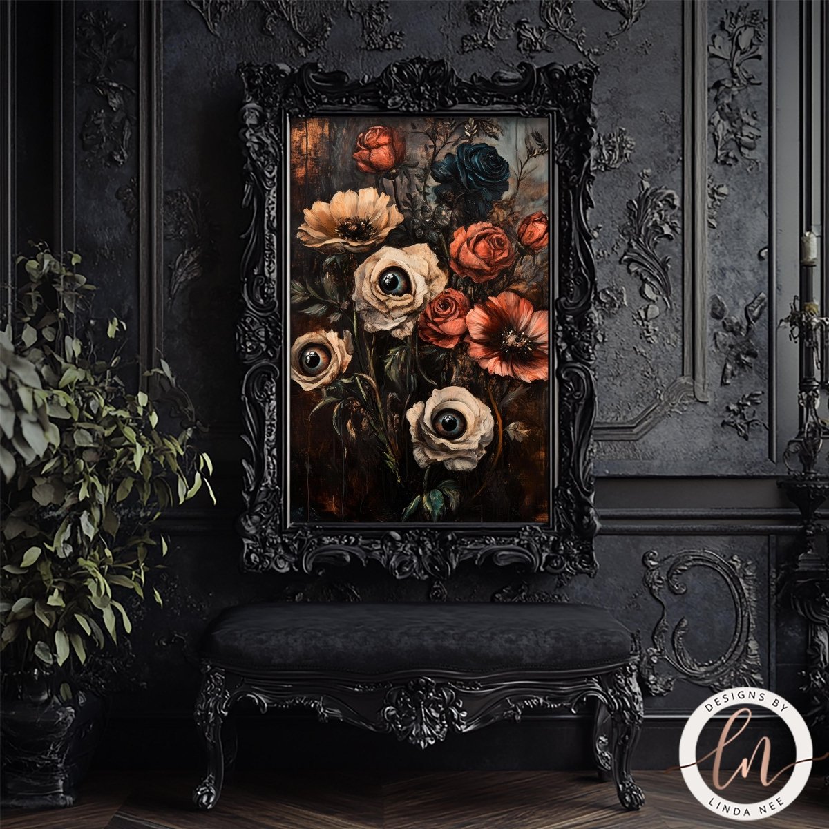 Colorful floral bouquet print displayed in an ornate black frame