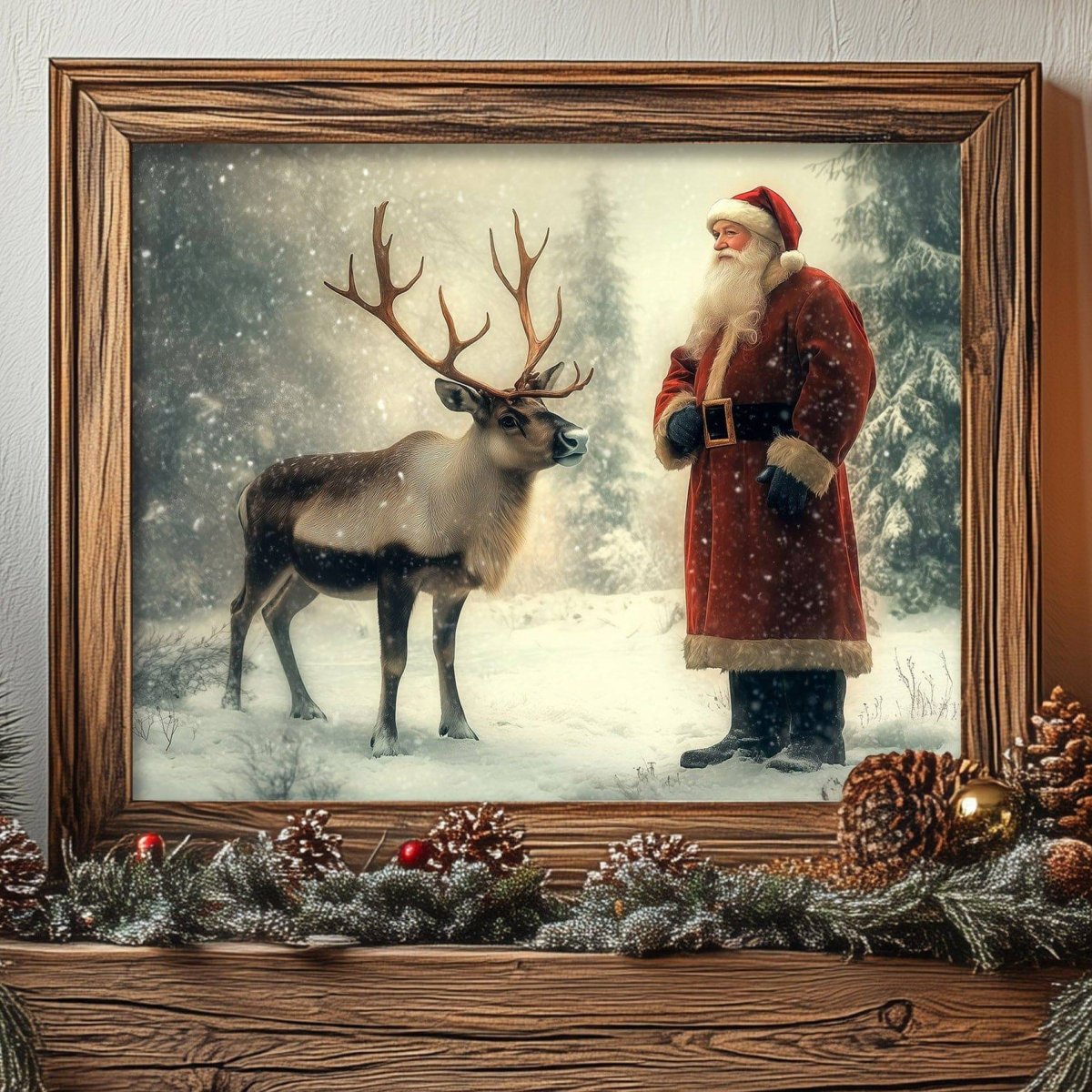Santa Claus and a reindeer in a snowy forest, print styled with pine cones