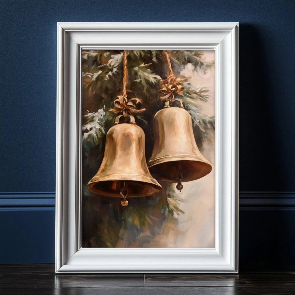 Two golden bells hanging from a bare tree branch against deep dusk blue