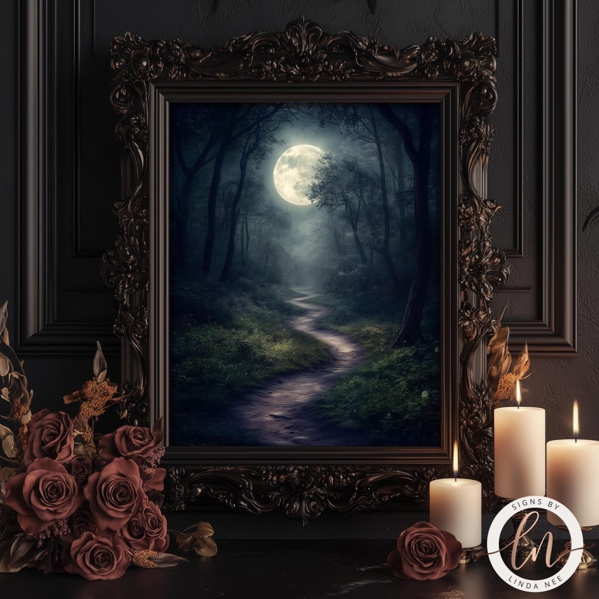 Moonlit forest path artwork displayed with candles and roses nearby