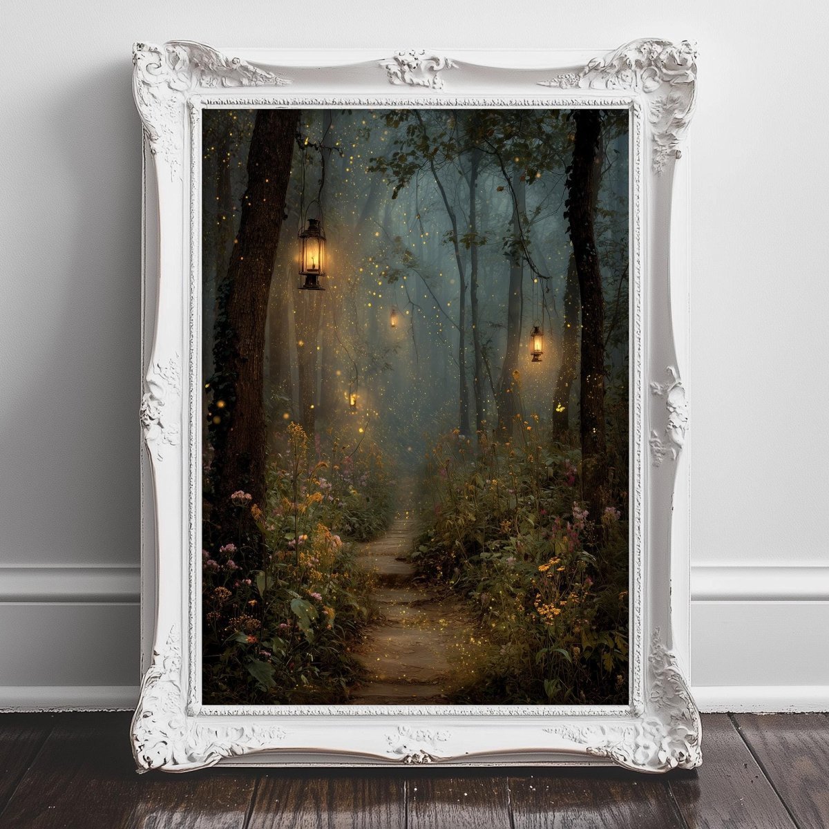 A white ornate frame displays a painting of a forest path with lanterns hanging from the trees, creating a magical and enchanting atmosphere.